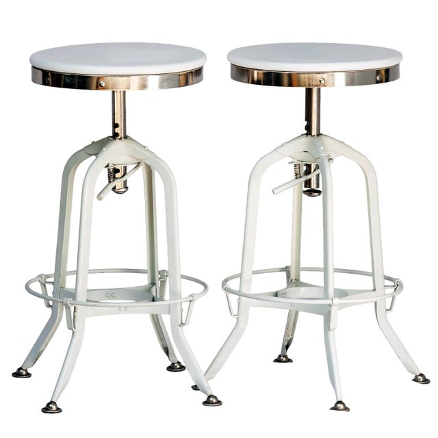 Wood Pr. Of Vintage Restoration Hardward Adjustable White Bar Stools For Sale - Image 7 of 13