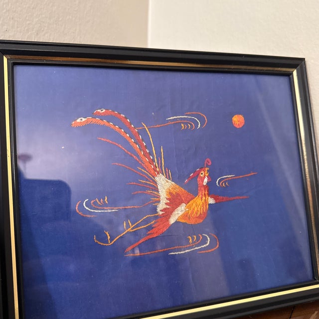 Wood Mid 20th Century Asian Silk Dragon & Phoenix Embroidery ~ a Pair For Sale - Image 7 of 11