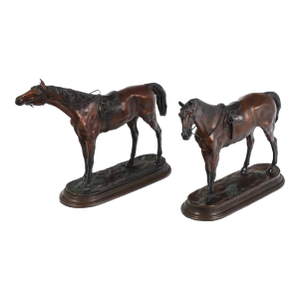 20th C. Race Horses, Patinated, Jules Moigniez (Fr. 1835-1894), Antique Bronze Statues - Set of 2