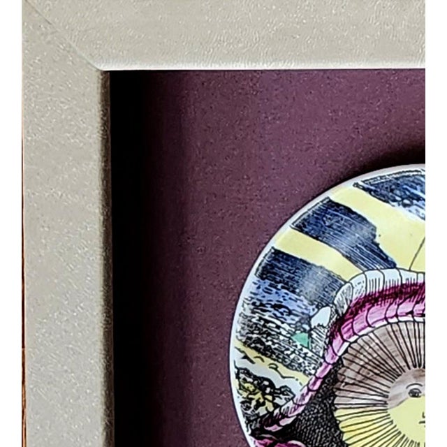 Mid-Century Modern Piero Fornasetti “12 Mesi, 12 Soli” Porcelain Coaster, August, Sun in a Seashell, Framed For Sale - Image 3 of 5