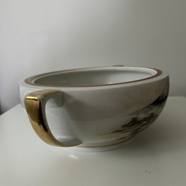 Mid 20th Century Vintage Kutani Hand-Painted Mount Fuji Porcelain Bowl With Handles For Sale - Image 5 of 9