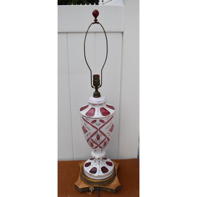Cranberry Glass and Brass Lamp Vintage Table Bohemian Czech Hand Painted For Sale - Image 9 of 18