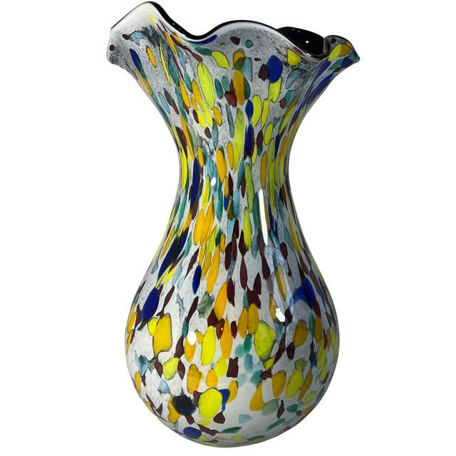 15+ In. Tall Bulbous Multicolor Ruffled Art Glass Confetti Multicolor Vase For Sale - Image 15 of 18