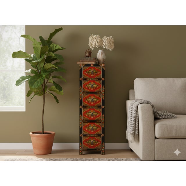 Brick Red Tibetan Style Red Flower Graphic Slim Narrow 6 Drawers Storage Cabinet For Sale - Image 8 of 11