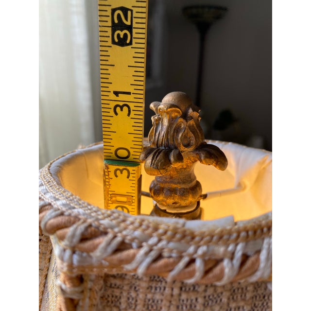 Antique Ornate Table Lamp With Embroidered Tassel Shade, Carved Decorative Base & Ribbed Glass Accent, Traditional French Style For Sale - Image 9 of 12