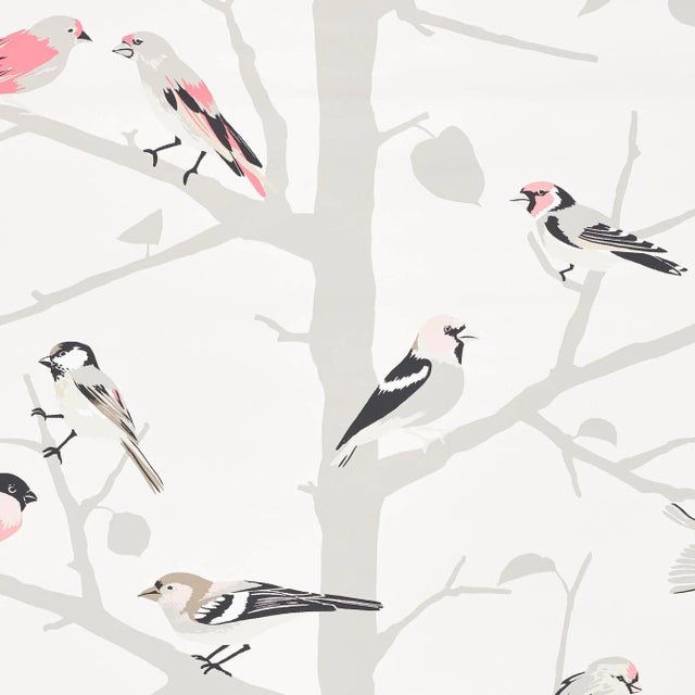 A forest of silhouetted trees provides a graphic backdrop for a colorful flock of songbirds in this charming screen-...