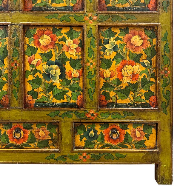 Green 20th Century Antique Tibetan Hand Painted Tall Credenza Storage Cabinet For Sale - Image 8 of 11