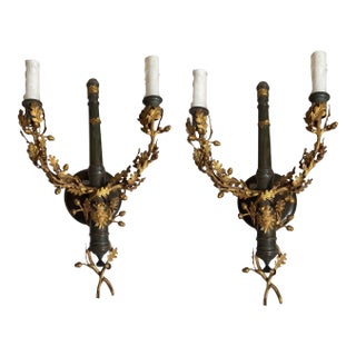 Pair of Louis XVI Style Gilt Bronze Two Light Wall Sconces For Sale