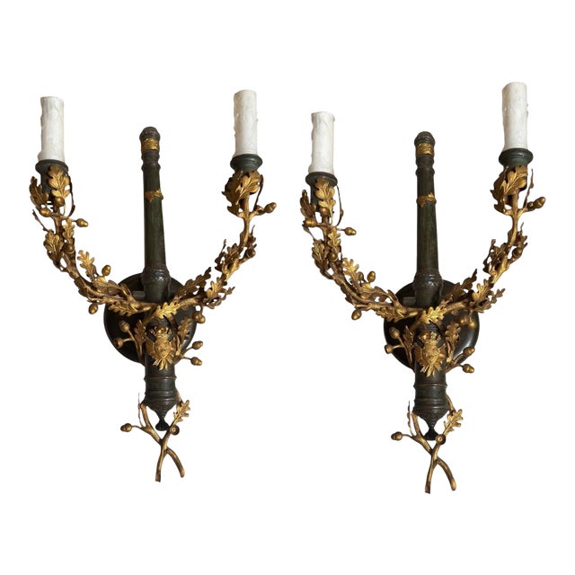 Pair of Louis XVI Style Gilt Bronze Two Light Wall Sconces For Sale