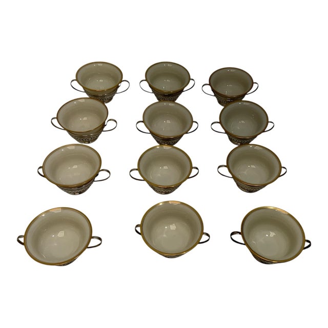 Antique Set of 12 Gorham Sterling Silver Pierced Bouillon Cup Holders with Lenox Porcelain Liners Made in America...