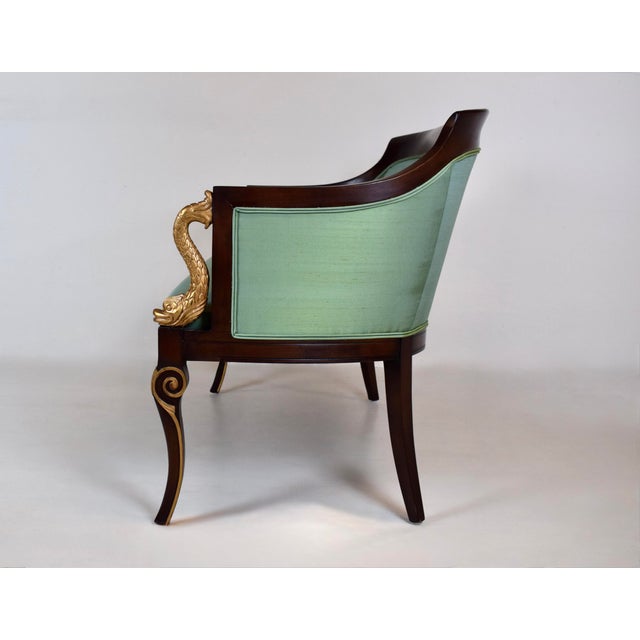 Green French Empire Style Curved Walnut Settee With Dolphin Arms, New Green Silk For Sale - Image 8 of 13