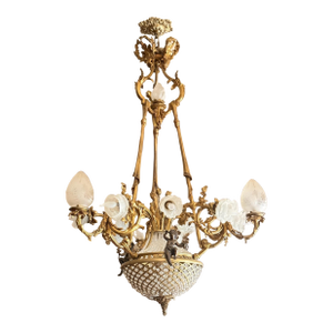 Antique Circa 1900 Cherub Gilt Bronze French Empire Crystal Chandelier