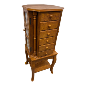1960s Mid Century Revolving Jewelry Armoire in Oak Finish Free Standing Pilasters Mirror Chest of Draws
