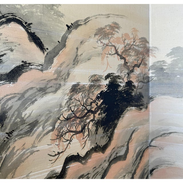 Japanese 1940s Handpainted Silk Japanese Byobu Screen in Cerused Oak Frame For Sale - Image 3 of 10