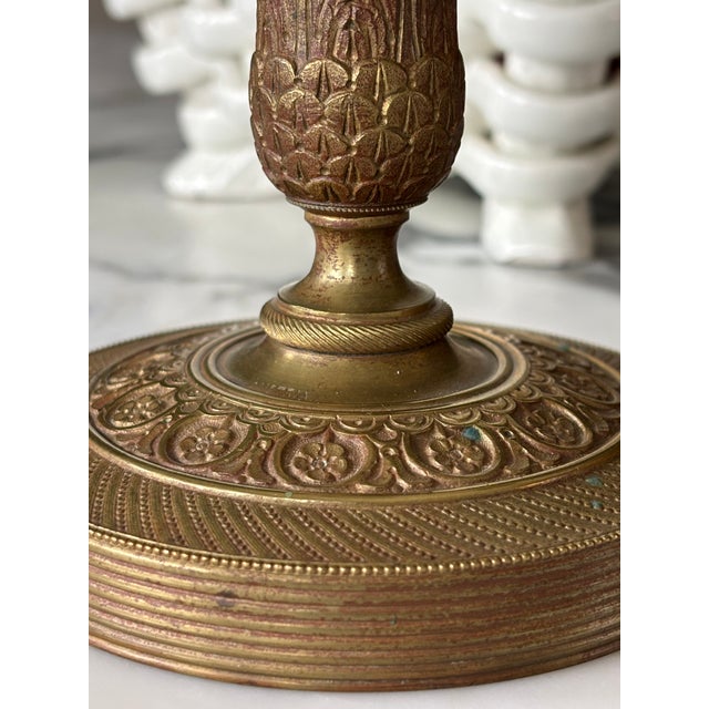 Early 20th Century Antique French Empire Revival Gilt Brass & Cut Glass Candlesticks - A Pair For Sale - Image 5 of 13