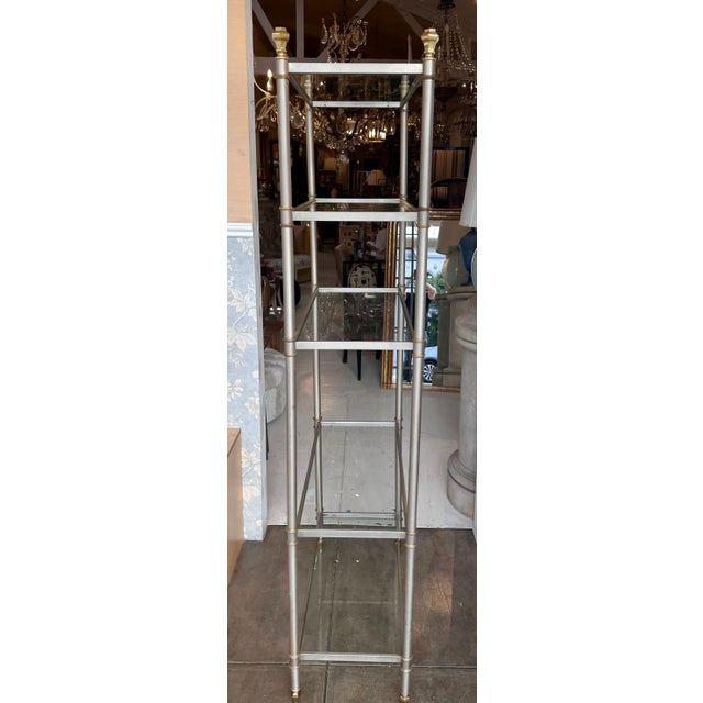 Hollywood Regency Vintage Maison Jansen Brushed Steel & Brass Etagere For Sale - Image 3 of 3