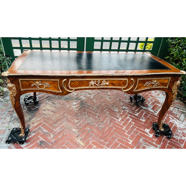 Mid 20th Century French Louis XV Bureau Plat Desk With Ormolu Mounts, Leather Top & Herringbone Parquetry Veneers For Sale - Image 10 of 10