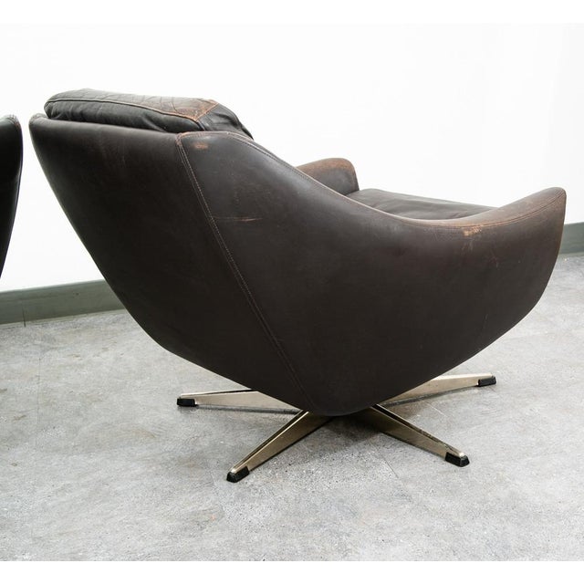 Mid Century Danish Modern Lounge Chairs Swivel Brown Leather Armchair Vintage For Sale - Image 10 of 12