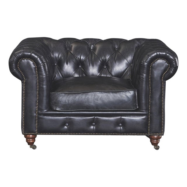 Century Chesterfield Arm Chair - Slate Leather For Sale
