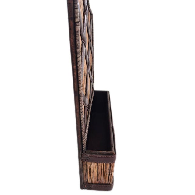 Vintage 1970's Wood Rattan & Leather Wall Organizer Mail Pocket Letter Holder For Sale - Image 4 of 9