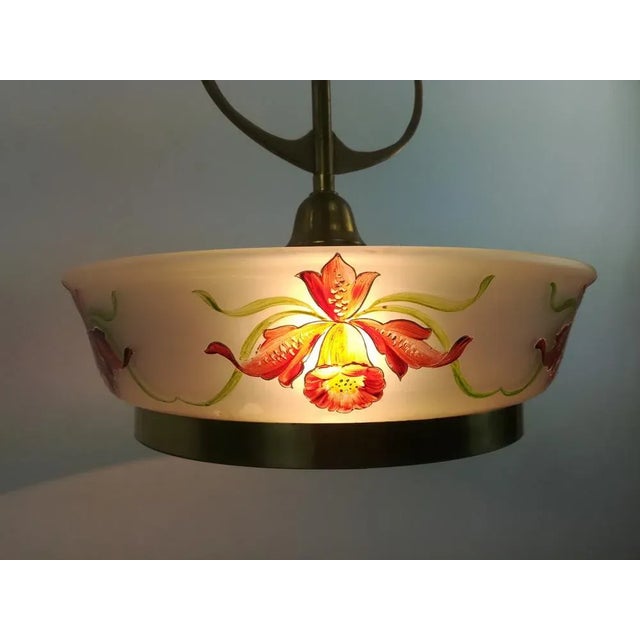 Adjustable Chandelier with Hand Painted Glass Shade from Vienna, 1920s For Sale - Image 3 of 7