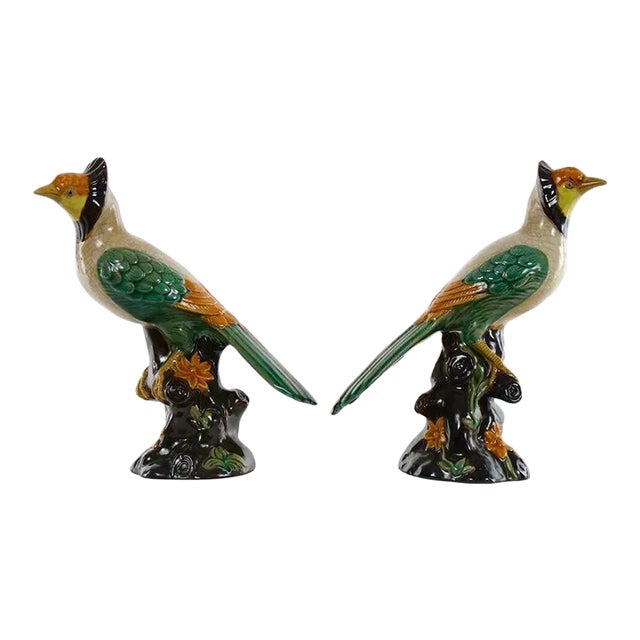 Large Pair English Glazed Porcelain / Terracotta Birds Statues For Sale
