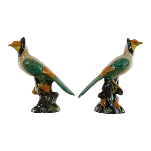 Large Pair English Glazed Porcelain / Terracotta Birds Statues