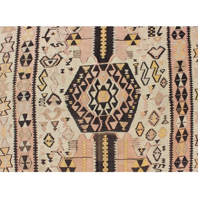 Mid 20th Century Mid 20th Century Vintage Turkish Kilim Gallery Rug With Tribal Design in Brown Pink and Yellow For Sale In Atlanta - Image 6 of 13