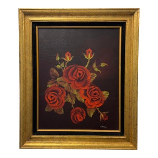 Vintage Original Oil Painting of Red Roses Signed by Artist For Sale