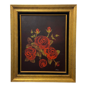 Vintage Original Oil Painting of Red Roses Signed by Artist