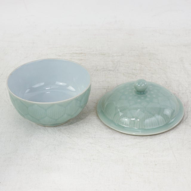 Vintage Chinese Celadon Green Lotus Flower Carved Porcelain Covered Bowl For Sale - Image 11 of 13