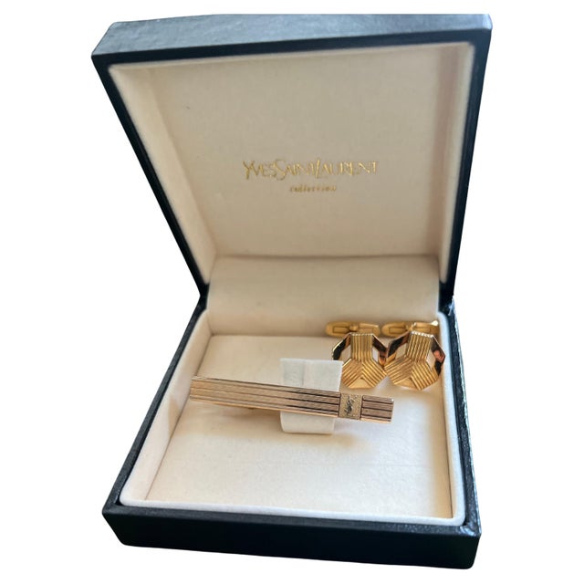 YVES SAINT LAURENT YSL Gold Plate Cufflinks & Tie Tack Clip Set, Original Case For Sale - Image 15 of 18