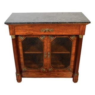 1880s Antique French Empire Walnut & Marble Top Cabinet / Credenza Original Key For Sale