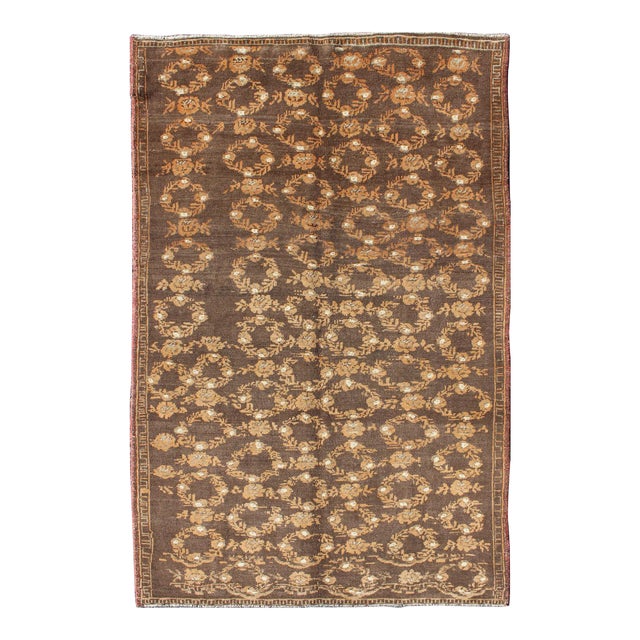 Mid 20th Century All-Over Floral Wreath Design Turkish Oushak Rug With Brown Background For Sale