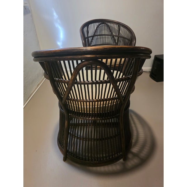Pair of Rattan and Bamboo Barrel Back Armchairs With Cream Cushions For Sale - Image 11 of 11