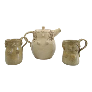 Signed Vintage Studio Pottery Woman Design Tea Set Attributed Agnes Stark, 1980s- 3 Pieces