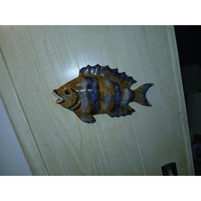 Vibrant vintage ceramic fish sculpture from Vallauris, France. Blues, browns, and golds. Nautical and sophisticated, moody...