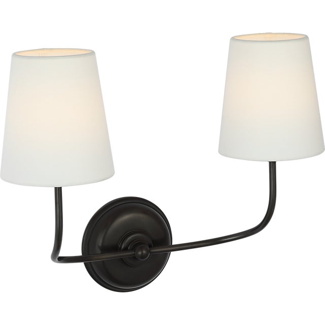 Visual Comfort Thomas O'Brien for Visual Comfort Signature Vendome 16" Cordless Double Sconce in Bronze with Linen Shades For Sale - Image 4 of 10