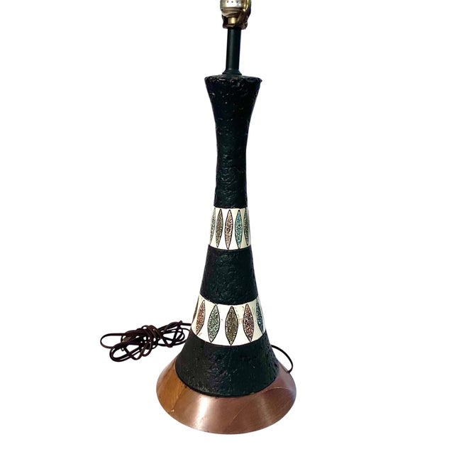 Coffee Mid-Century Quartite Creative Corporation Ceramic Textured Cone Table Lamp With Geometric Design on Wood Base With Fiberglass Whipstitched Shade For Sale - Image 8 of 12