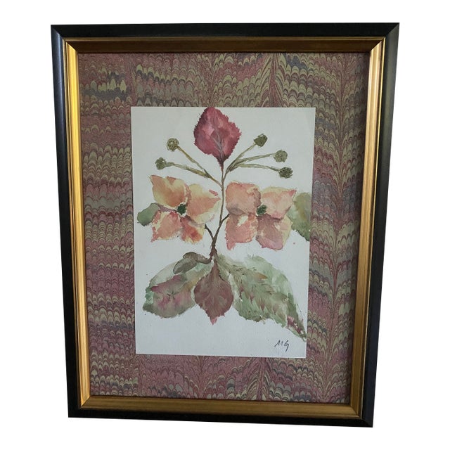 Original Botanical Watercolor With Marble Paper Matting - Dogwood For Sale