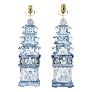 Pair of Vintage Dutch Style Blue and White Hand Painted Pagoda Metal Table Lamps With Cherub and Floral Motif For Sale