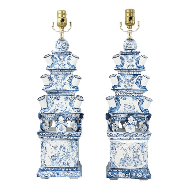 Pair of Vintage Dutch Style Blue and White Hand Painted Pagoda Metal Table Lamps With Cherub and Floral Motif For Sale