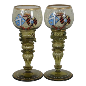 Vintage German Enameled Heraldic Green Glass Rummer Punt Wine Goblets- Set of 2