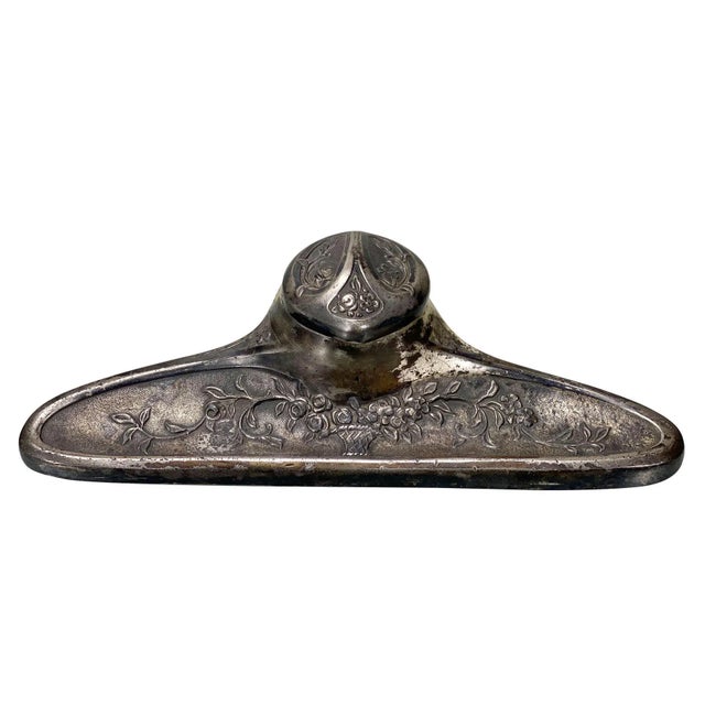 Vintage Art Deco Cast Metal Floral Motif Inkwell W/ Pen Rest For Sale - Image 12 of 12