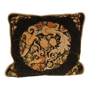 19th Century French Needlepoint Pillow Throw Cushion Floral Design Textile Art
