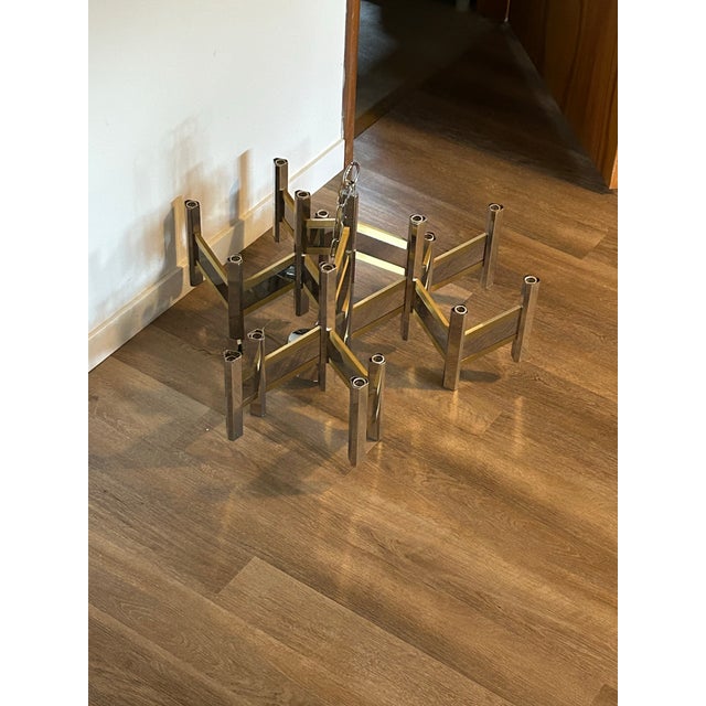 1960s Mid-Century Modern 15 Light Chandelier in Chrome and Brass in the Style of Gaetano Sciolari For Sale - Image 5 of 7
