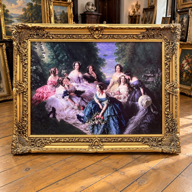 Figurative European Salon Scene Wall Art – Elegant Ladies in Conversation With Ornate Gold Leaf Frame For Sale - Image 3 of 3
