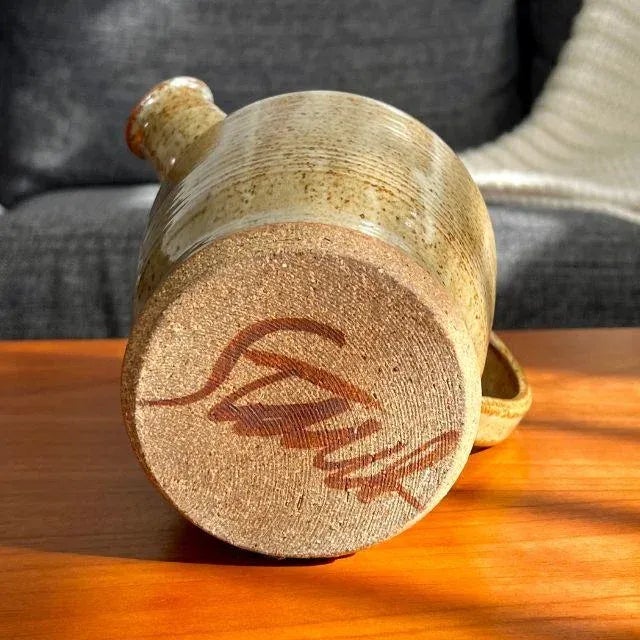 Artist-Crafted Pottery Pitcher, Brown-Speckled Glaze, Artist Signed For Sale - Image 4 of 12