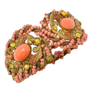Vintage Coral Glass and Yellow Rhinestone Clamper Cuff, 1940 For Sale