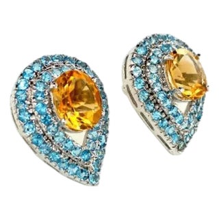 Pear Shape Citrine and Blue Topaz Stud Earrings in 925 Silver, 2 Pieces For Sale